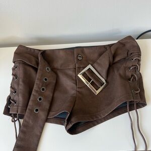 Brown Lace-Up Belted Shorts